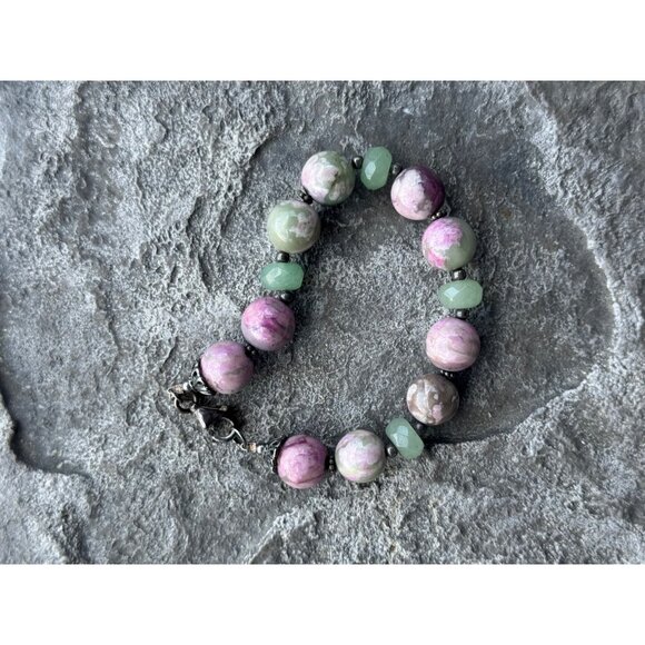 Natural Rhodonite & Aventurine 925 Sterling Silver Beaded Bracelet - Picture 4 of 8